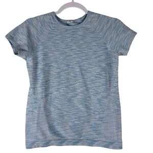 Athleta Girl Shirt Blue White Stripe Short Sleeve Seamless Athleisure Size XL 14